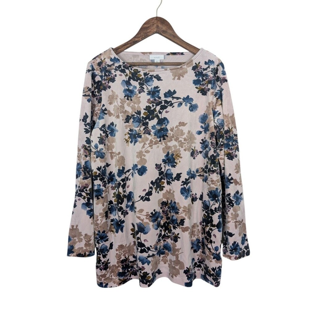 J JILL Pure Jill Pink Floral Long Sleeve Stretch Velour Top Pockets - M Petite